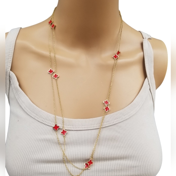 Vintage Jewelry - DESIGNER INSPIRED GOLDPLATED CHAIN & RED ENAMEL CLOVER PENDANTS LONG NECKLACE